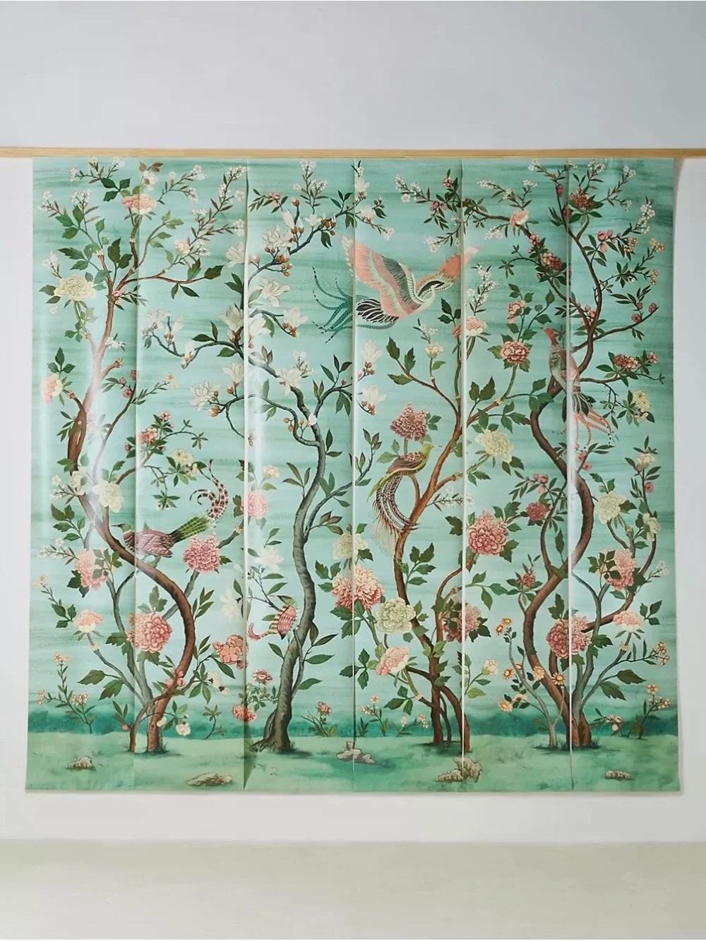 Anthropologie Mint and Pink Chinoiserie Bird Wallpaper (Havenview/Valeri Mural)